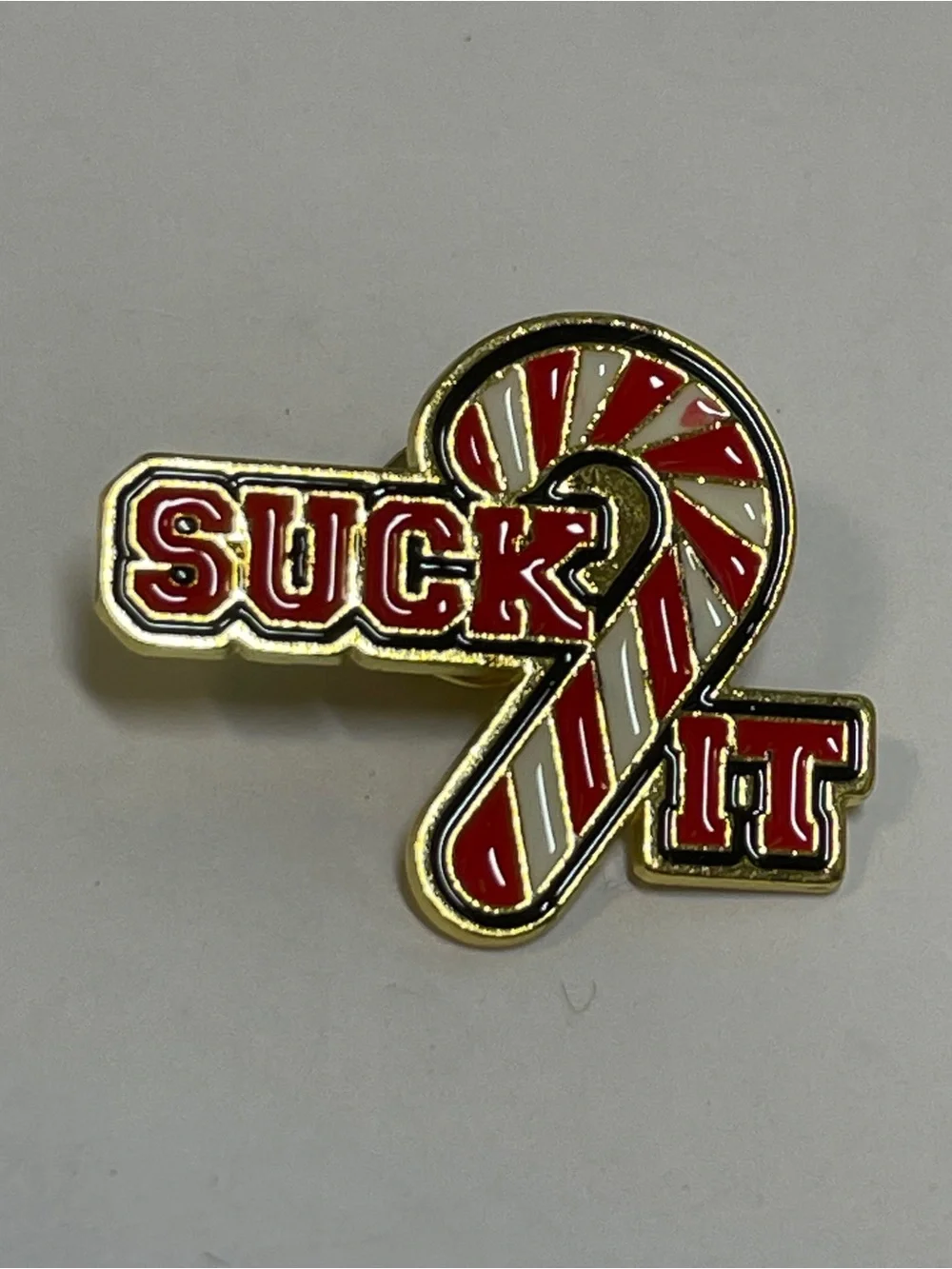 Funny Enamel Pin, Christmas Candy Cane,”Suck it”, Spencer’s Workshop, Snarky VTG